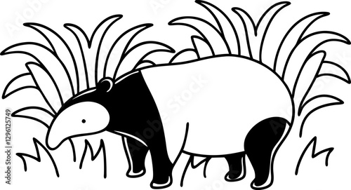 Black and white vector illustration of a tapir in a grassy environment, wildlife art, nature, animal outline