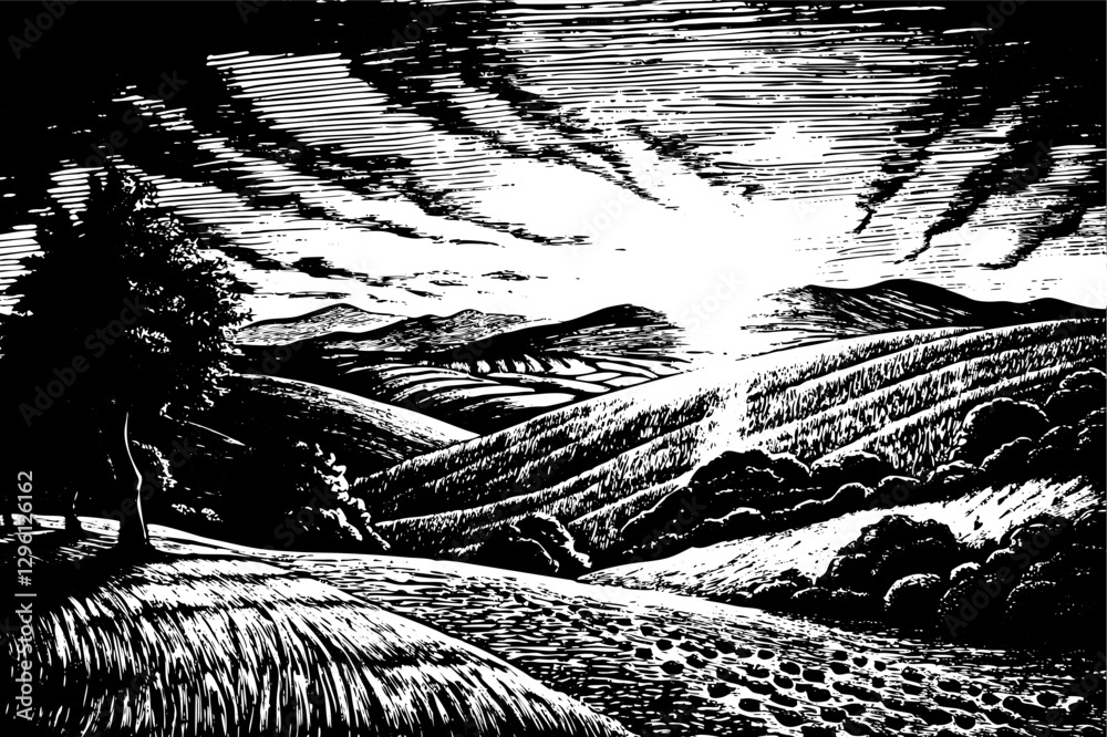 Fototapeta premium Vintage Woodcut Landscape with Dramatic Sky and Rolling Hills in Black and White Illustration