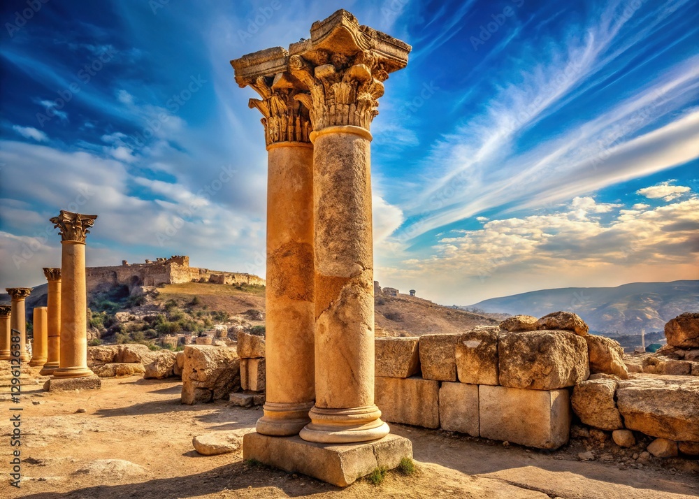 Ancient Roman Column, Jerash, Jordan - Historical Landmark Stock Photo Ancient Roman Column, Jerash, Jordan - Historical Landmark Stock Photo