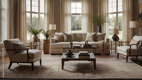 Modern living room interior with fireplace and stylish furniture