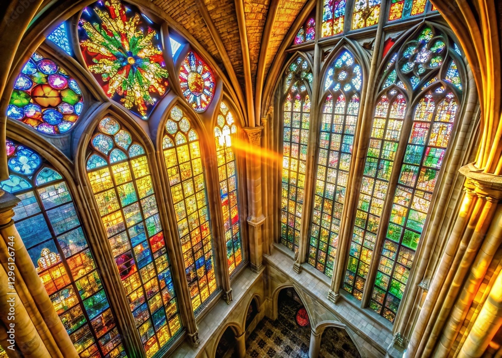 Obraz premium Aerial View of Stained Glass Window in Gothic Cathedral - Architectural Detail