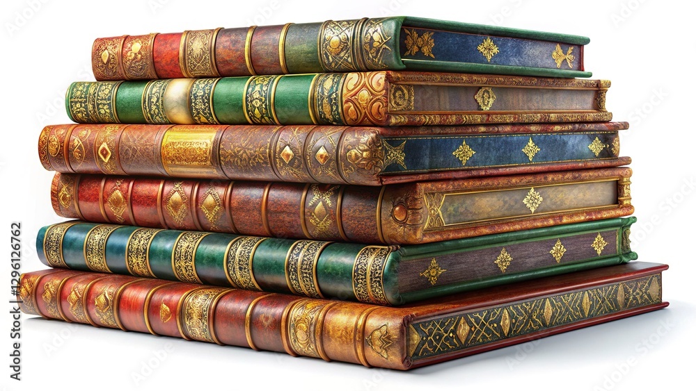 Antique Book Stack, Elegant Spines, 2D Game Asset, White Background Antique Book Stack, Elegant Spines, 2D Game Asset, White Background