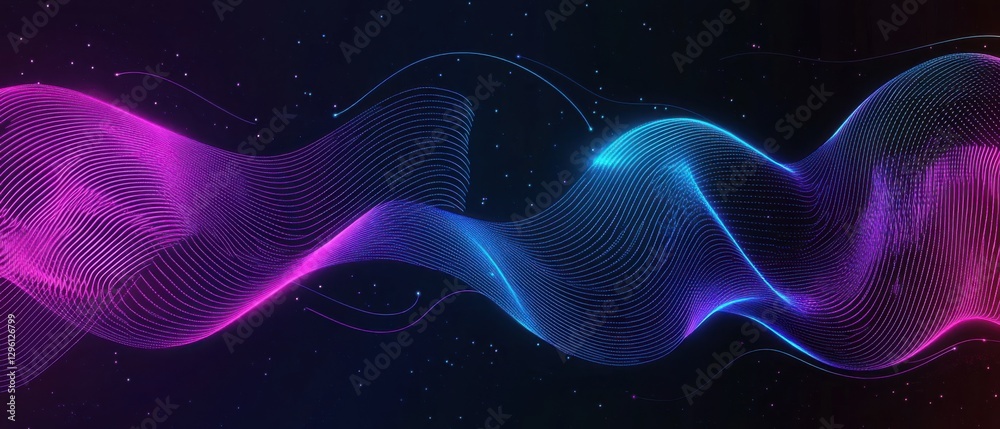 Abstract Neon Wave Background with Glowing Particles in Dark Space Concept of Futuristic Technology, Digital Art, and Modern Design Abstract Neon Wave Background with Glowing Particles in Dark Space Concept of Futuristic Technology, Digital Art, and Modern Design