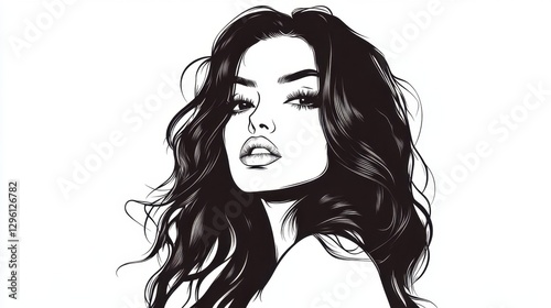 A stylish, monochrome illustration of a woman with flowing hair, exuding confidence and elegance.