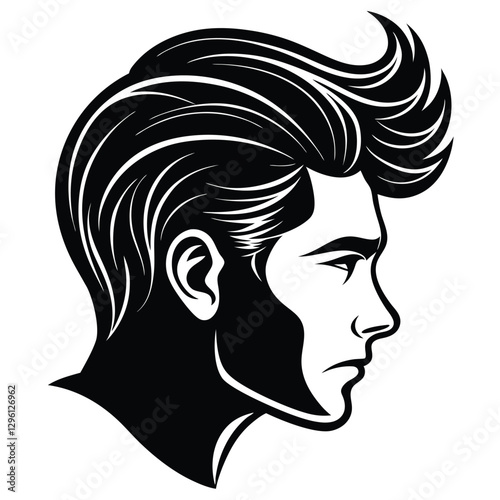 A black silhouette of a stylish male head in side profile, featuring a well-defined,