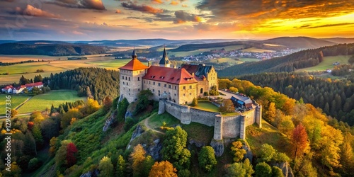 Aerial View of Tocnik Castle: 14th-Century Gothic Fortress in Czech Republic photo