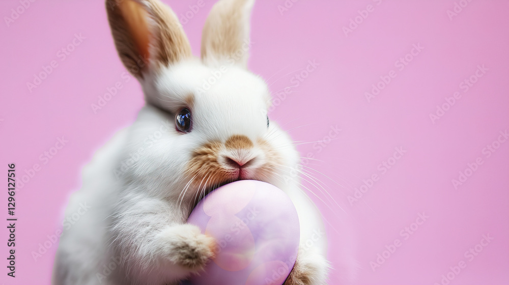 Obraz premium A close-up shot of a white Easter rabbit holding a pastel-colored easter egg in its paws. The rabbit is centered in the frame against a soft, pink background. Springtime, festive celebration