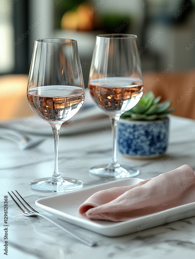 Two elegant glasses of rose wine sit on a marble table, accompanied by a neatly folded napkin and a small succulent plant. Two elegant glasses of rose wine sit on a marble table, accompanied by a neatly folded napkin and a small succulent plant.