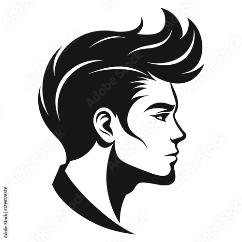 A black silhouette of a stylish male head in side profile, featuring a well-defined,