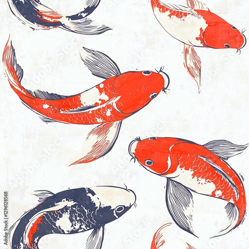 Group of fish swimming in a pond with koi fish pattern seamless wallpaper background design