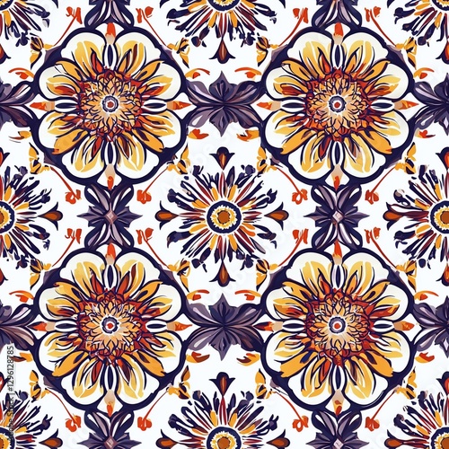 Floral pattern with orange and blue flowers and mandala pattern seamless background wallpaper