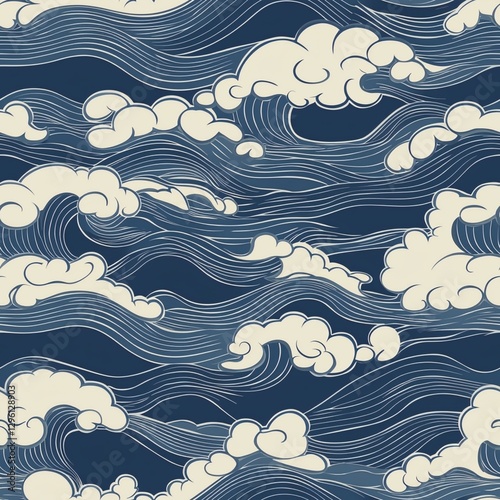 Seamless pattern of clouds and ocean waves for background and wallpaper design projects