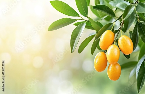 Close-up of a lime green fruit on a tree with a flower and leaves, a fresh and healthy food concept, with a blurred background 