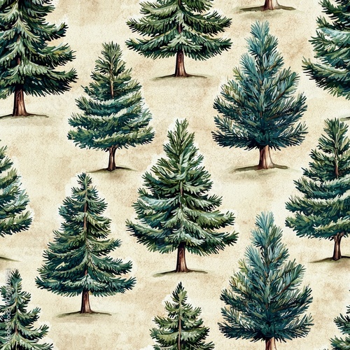 Seamless pattern featuring watercolor trees and pine tree forest design for background use