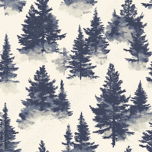 Seamless pattern featuring blue and white trees and pine trees for backgrounds and wallpapers