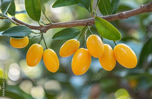 Close-up of a lime green fruit on a tree with a flower and leaves, a fresh and healthy food concept, with a blurred background 