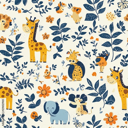 Seamless pattern featuring various animals and plants in a nature themed design background