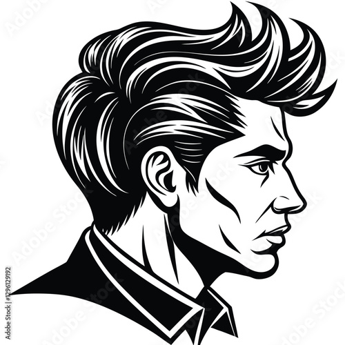 A black silhouette of a stylish male head in side profile, featuring a well-defined,