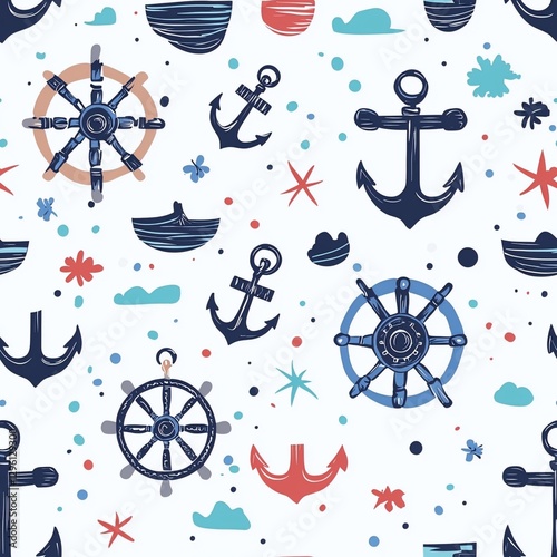 Nautical seam pattern featuring ship wheel and anchor on seamless background design