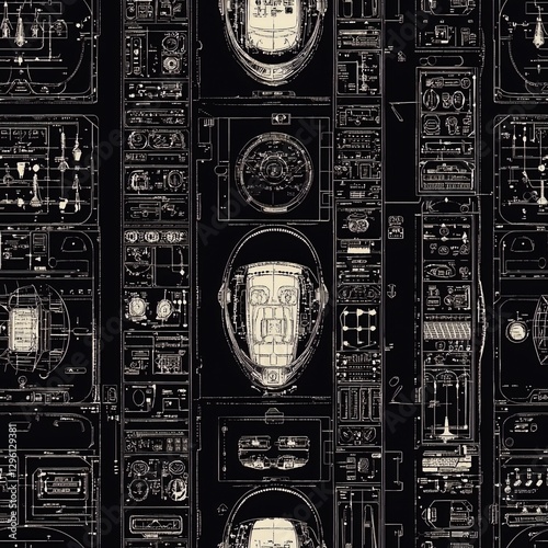 Black and white seamless pattern featuring spaceship and cockpit design for background use