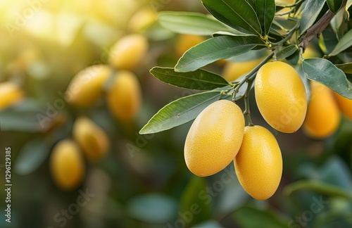Close-up of a lime green fruit on a tree with a flower and leaves, a fresh and healthy food concept, with a blurred background 