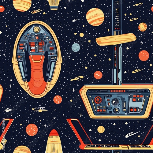 Space station with spaceship and seamless cockpit pattern background in outer space environment