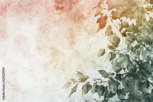 Watercolor painting of leaves on a textured wall with a soft watercolor wash background