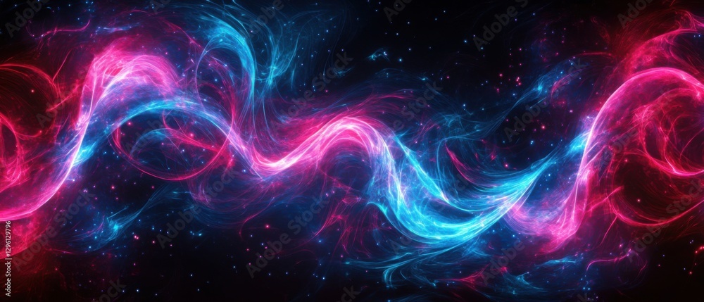 Abstract cosmic nebula background with swirling pink and blue energy waves and stardust in deep space, concept of science, universe, and futuristic technology Abstract cosmic nebula background with swirling pink and blue energy waves and stardust in deep space, concept of science, universe, and futuristic technology