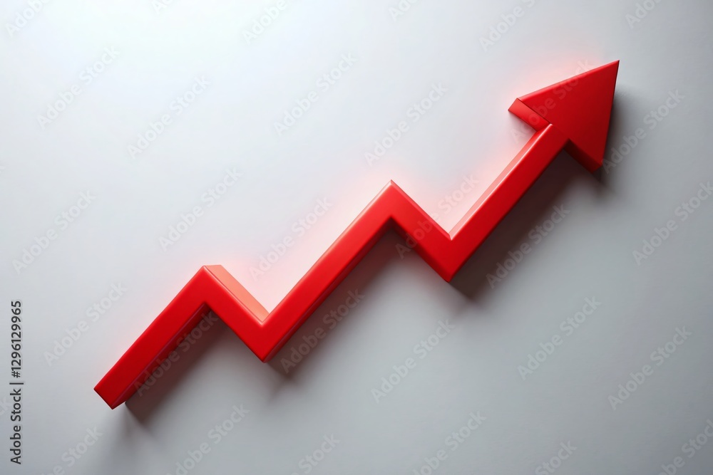 Aerial View Red Upward Arrow Graph Showing Growth Trend on White Background - Stock Photo Aerial View Red Upward Arrow Graph Showing Growth Trend on White Background - Stock Photo