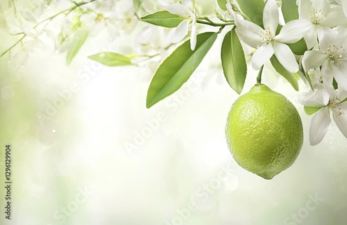 Close-up of a lime green fruit on a tree with a flower and leaves, a fresh and healthy food concept, with a blurred background 