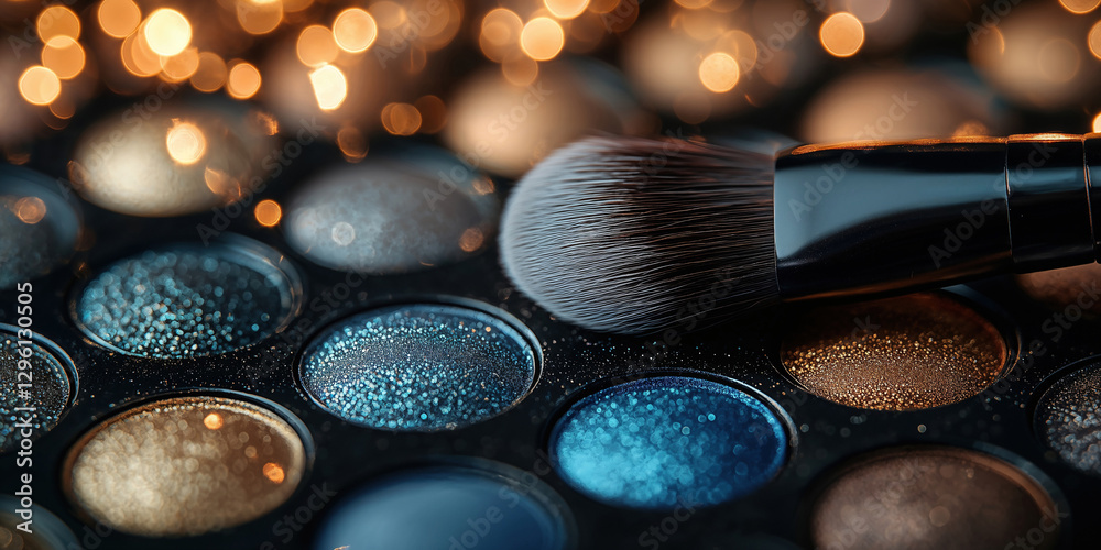 Close-up view of a makeup palette featuring various shimmering eye shadow shades. A soft brush rests on vibrant colors, illuminated by warm, glowing lights in the background. Close-up view of a makeup palette featuring various shimmering eye shadow shades. A soft brush rests on vibrant colors, illuminated by warm, glowing lights in the background.