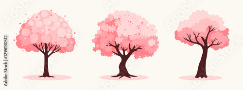 A set of three stylized cherry blossom trees in soft pink tones. Each tree has a unique artistic design, representing different interpretations of springtime beauty. Perfect for nature-themed projects
