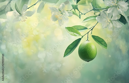 Close-up of a lime green fruit on a tree with a flower and leaves, a fresh and healthy food concept, with a blurred background 