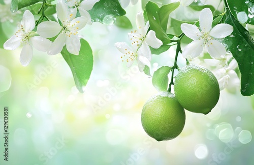Close-up of a lime green fruit on a tree with a flower and leaves, a fresh and healthy food concept, with a blurred background 