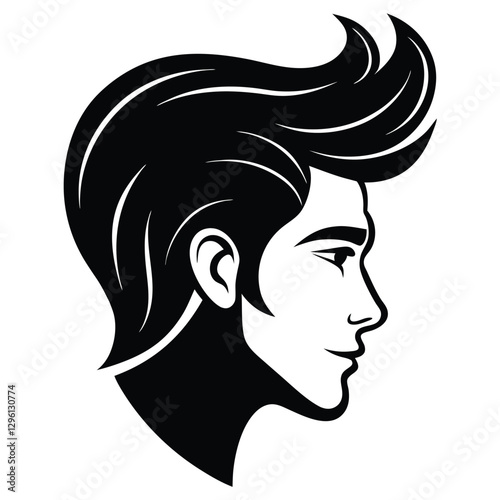 A black silhouette of a stylish male head in side profile, featuring a well-defined,
