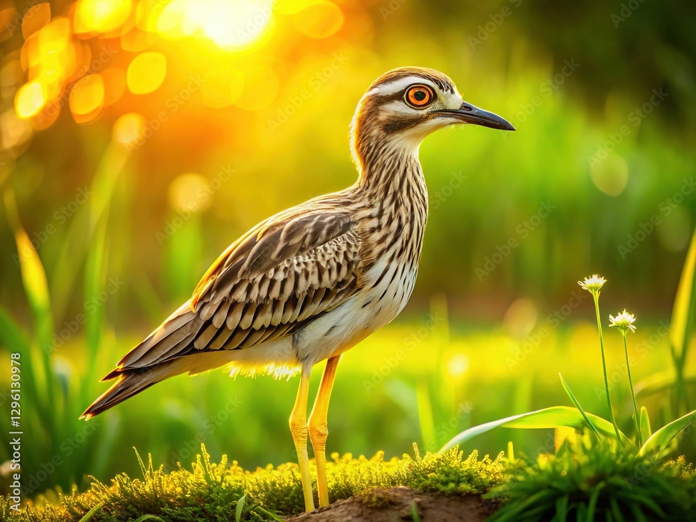 Obraz premium Costa Rican Double-striped Thick-knee Wading Bird in Grassy Pasture