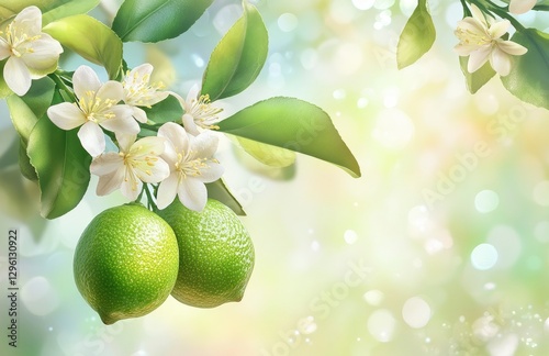 Close-up of a lime green fruit on a tree with a flower and leaves, a fresh and healthy food concept, with a blurred background 