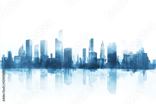 Serene Blue Cityscape Skyline Modern Urban Architecture Design Digital Painting Watercolor Style Peaceful Tranquil Cityscape Image Artistic Modern    