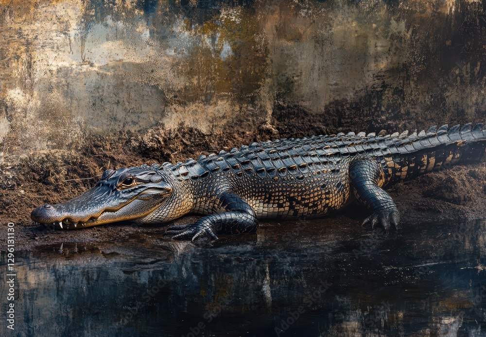 Majestic crocodile basking by the water's edge in a natural habitat, showcasing detailed scales and an ancient demeanor Majestic crocodile basking by the water's edge in a natural habitat, showcasing detailed scales and an ancient demeanor