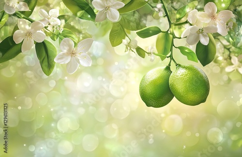 Close-up of a lime green fruit on a tree with a flower and leaves, a fresh and healthy food concept, with a blurred background 
