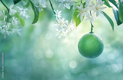 Close-up of a lime green fruit on a tree with a flower and leaves, a fresh and healthy food concept, with a blurred background 