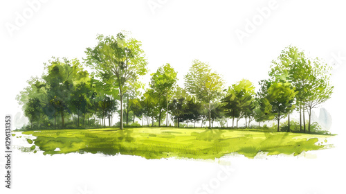 Watercolor painting depicting lush green trees in a serene park