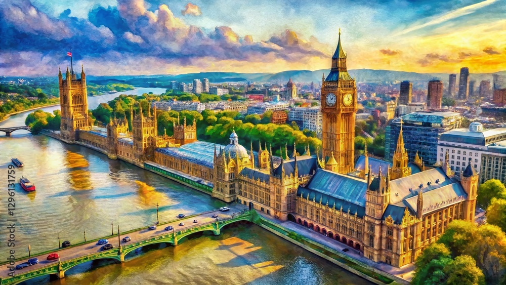 Fototapeta premium Aerial Watercolor London: Westminster & Big Ben Drone View