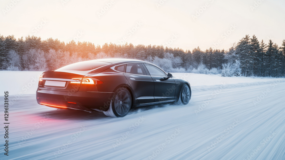Fototapeta premium Winter driving adventure with a sleek electric car on a snowy road. Automotive battery