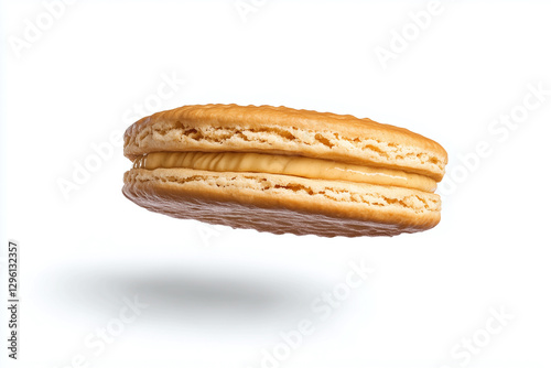 Golden buttered biscuit floating mid air, isolated on white background, showcasing its delicious texture and appealing color. Perfect for food photography and culinary presentations