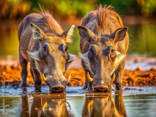 African Warthogs Drinking at Waterhole – Dry Season Danger