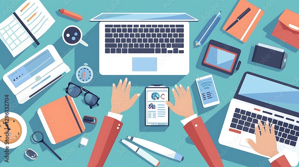 Office productivity concept, a person multitasking on a laptop and smartphone, stylish desk setup Office productivity concept, a person multitasking on a laptop and smartphone, stylish desk setup