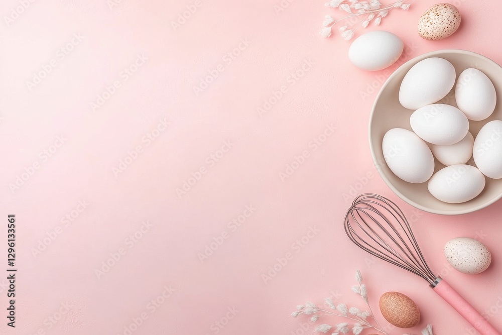 Fototapeta premium Fresh Eggs in a Bowl with Whisk and Decorative Elements on Pink