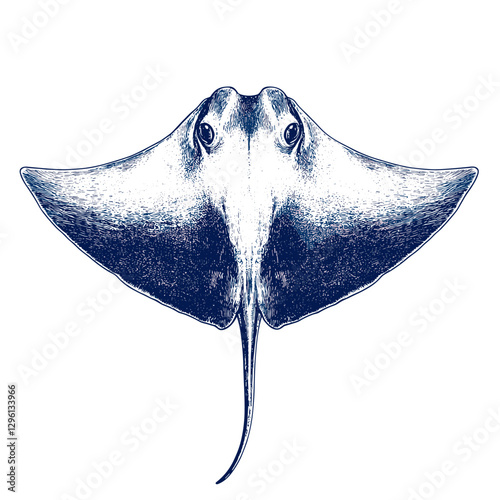 Stingray Blue ink sketch of sea life Hand drawn vector illustration isolated on a white background. Retro style