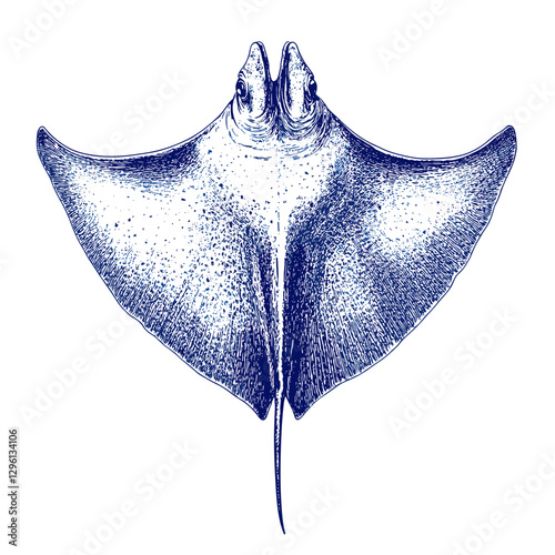 Stingray Blue ink sketch of sea life Hand drawn vector illustration isolated on a white background. Retro style